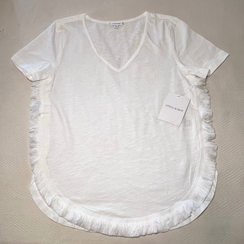 Stella & Dot Sloan Tee White Cotton Slub Fringe Trim V-Neck T-Shirt Small NWT